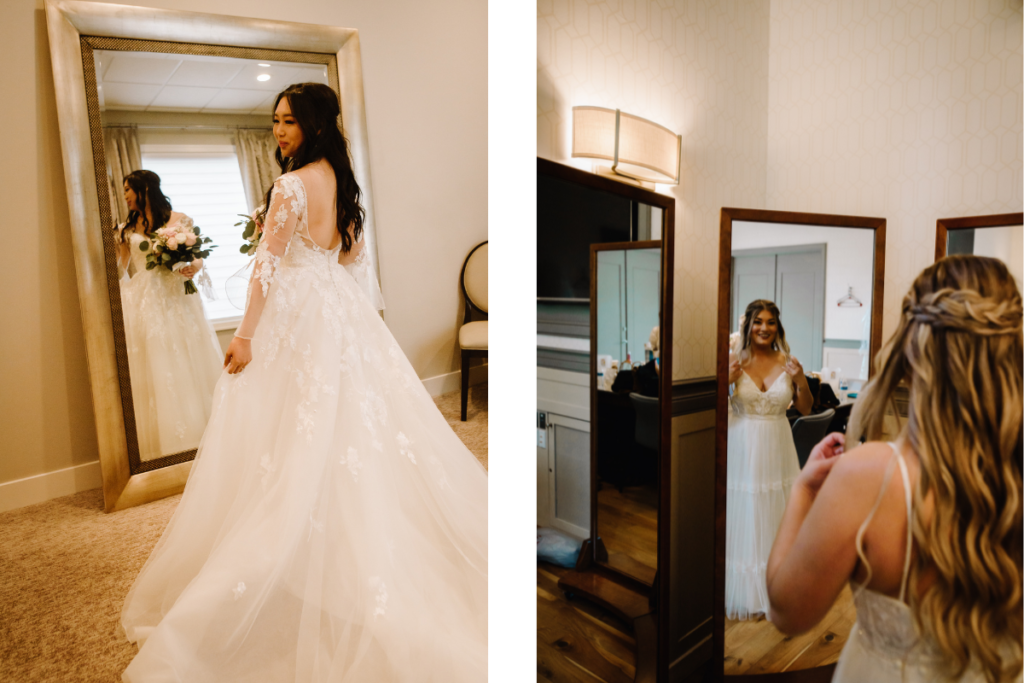 Brides looking in mirrors in bridal suite